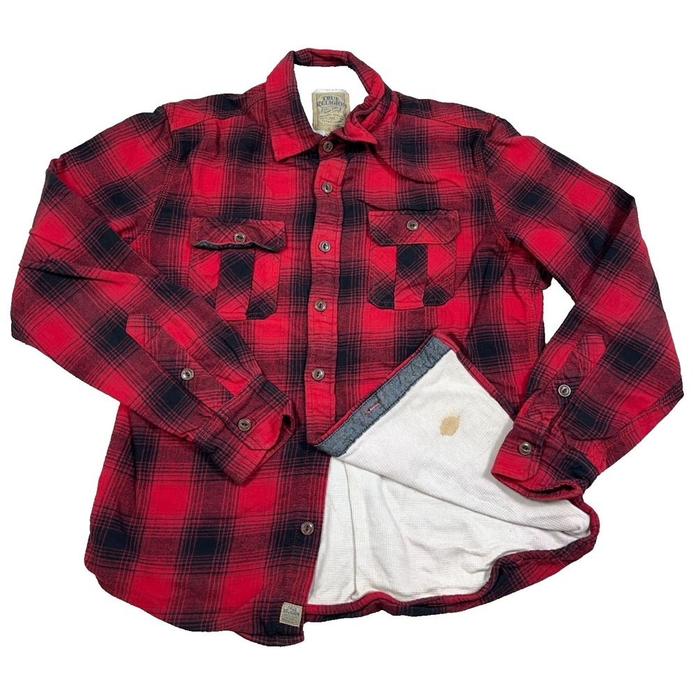 True Religion Shacket Men Medium Red Plaid Pearl Snap Flannel Shirt Jacket Lined